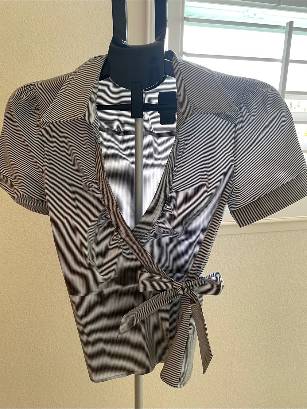 H&M Gray and White Pinstripe Wrap Blouse